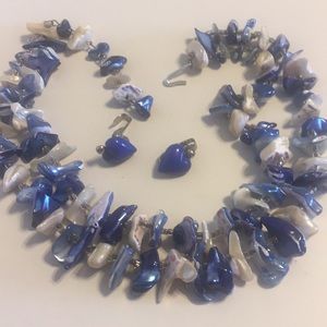 Vintage blue MOP beaded necklace earrings